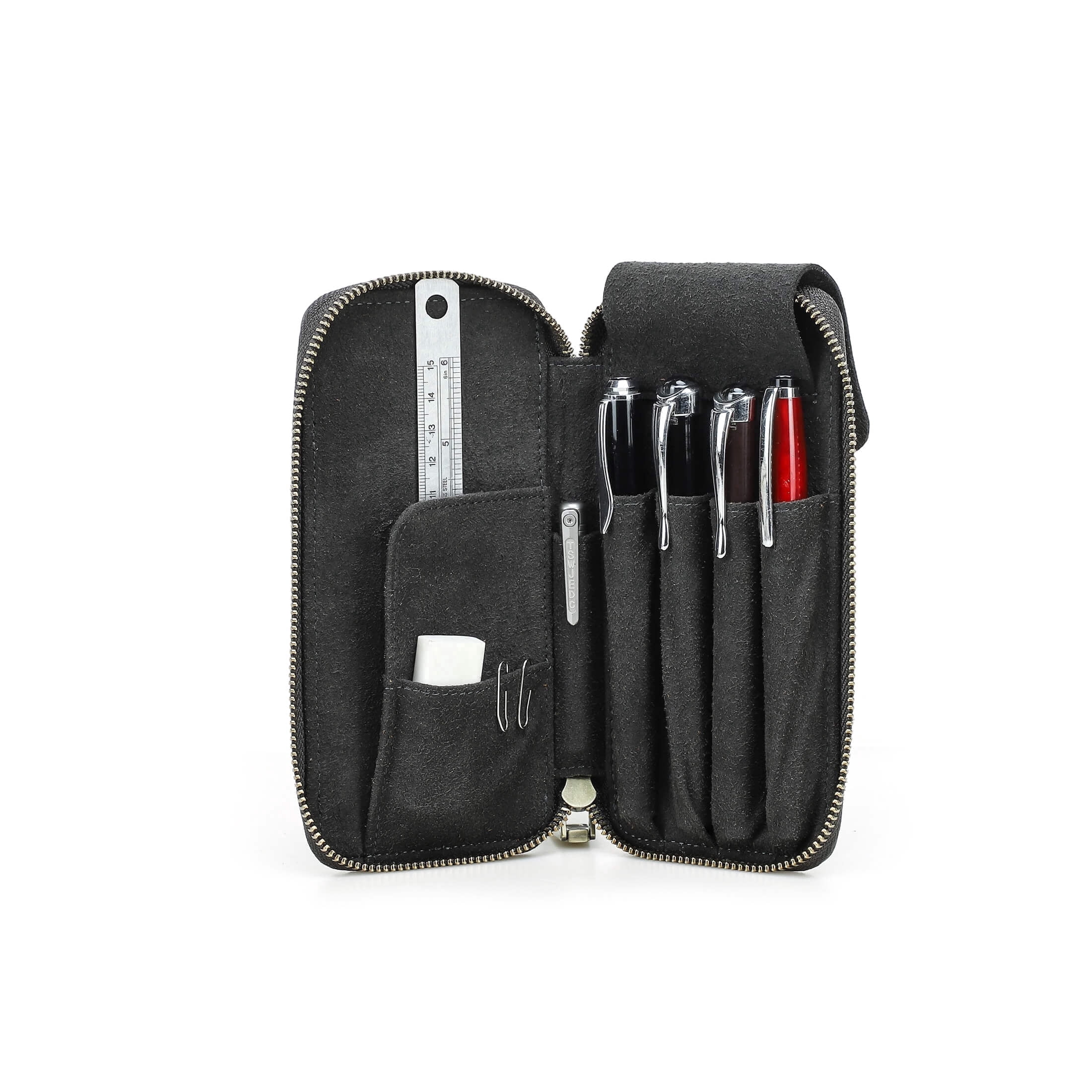 Hiram Genuine Leather Pencil Case with 4 Slots, Handmade Multifunctional Zipper Fountain Pen Bag, Student Stationery Pen Box (Gray)