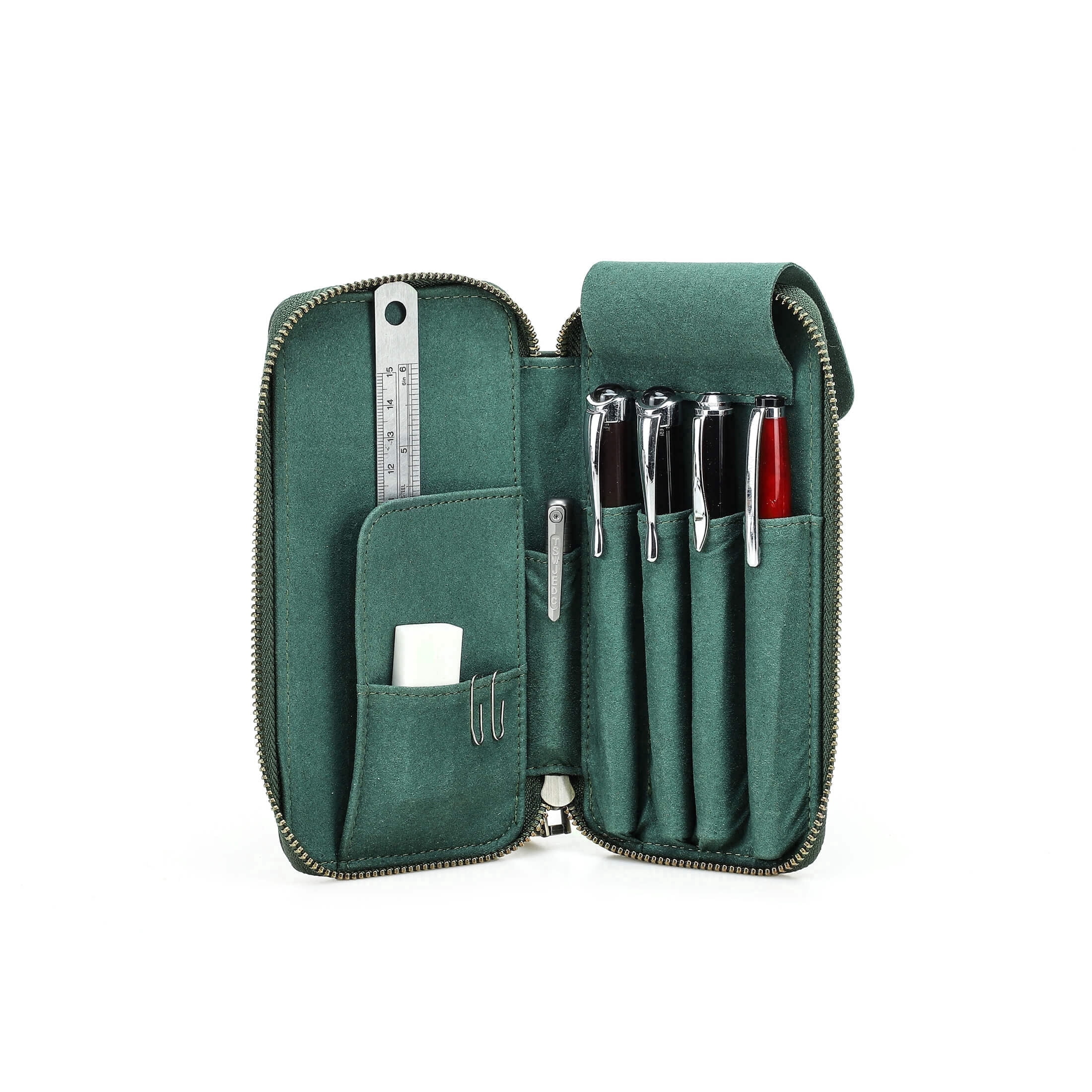 Hiram Genuine Leather Pencil Case with 4 Slots, Handmade Multifunctional Zipper Fountain Pen Bag, Student Stationery Pen Box (Green)