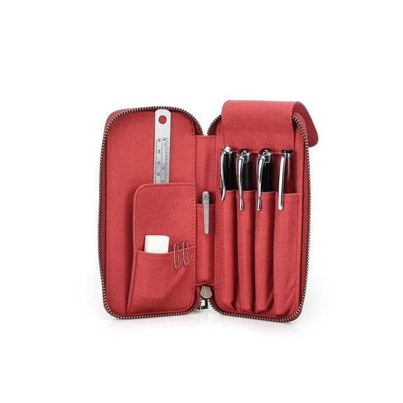 Hiram Leather Pencil Case with 4 Slots, Handmade Zipper Fountain Pen Bag, Student Stationery Pen Box (Red)