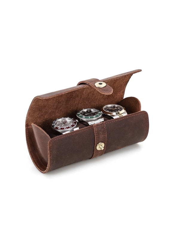 Crazy Horse Leather Watch Case, 3-Slot Roll for Watches and Bracelets, Dark Brown