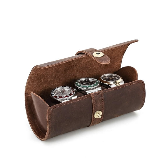Hiram Genuine Leather Watch Case, Leather 3-Slots Roll Case for Treasured Watches and Bracelets(Dark Brown)