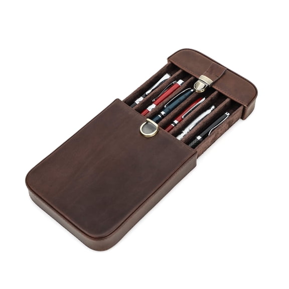 Hiram Crazy Horse Leather Pen Holder Pouch Fountain Pen Case For Men Women Retro Pen Box Organizer ,Coffee