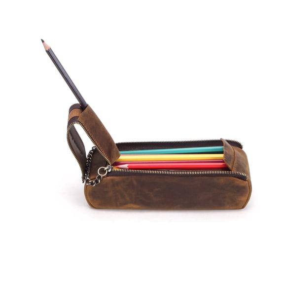 Hiram Large Capacity Dual Zipper Pencil Case , Leather Portable Pen  Bag Pouch,Coffee
