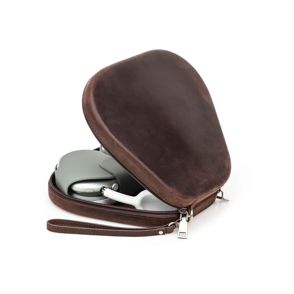 Hiram Leather Headphone Cases , Headphone Bag with Wrist Strap & Zipper, Coffee