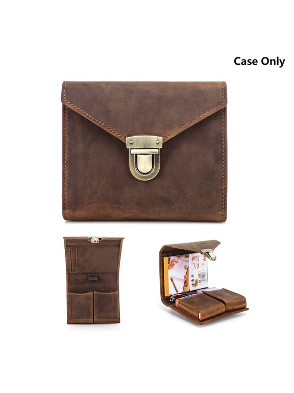 Crazy Horse Leather Playing Card Case with Pen and A6 Notepad Holder slot, Fits 2 Decks, Snap Closure, Case OnlyCoffee
