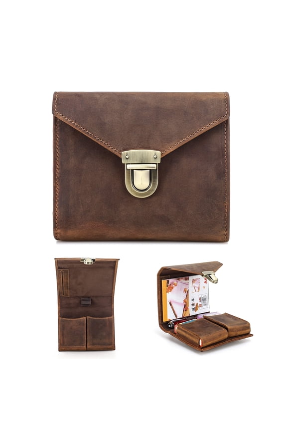 Leather Playing Card Case with Pen & A6 Notepad Holder  Fits 2 Decks, Snap Closure, Coffee