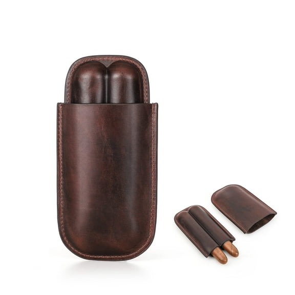 Hiram Leather Travel Cigar Case Sleeve, Vintage Design, Fully Handmade, Genuine Leather Portable Cigar Humidor Case for 2 Fingers, Gift Choice for Cigar Lovers, Red Brown
