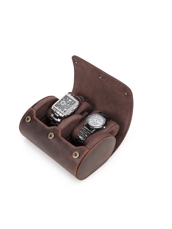 Crazy Horse Leather 2-Slot Watch Roll Travel Case with Removable Velvet Pillows, Coffee