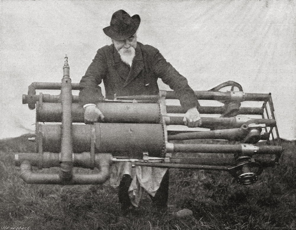 Hiram Maxim Holding One Of His Flying Machine Engines Weighing 300Lb One Of The Lightest Engines Of Its Time Sir Hiram Stevens Maxim 1840 Canvas Art - Ken Welsh Design Pics (17 x 13)