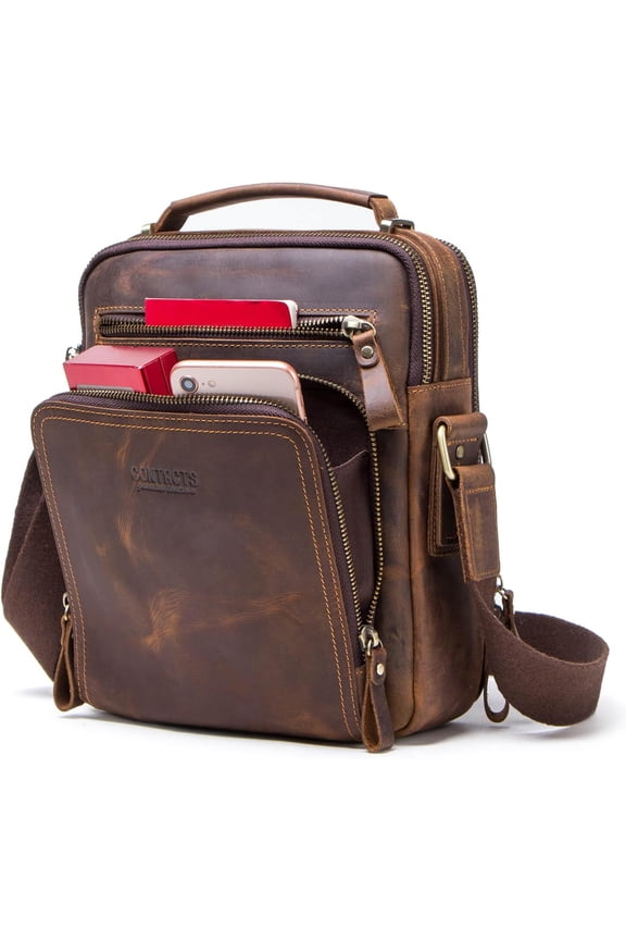 Men's Crazy Horse Cow Leather Messenger Bag, Crossbody Bag for Men, 25.5 cm x 21.5 cm x 10.0 cm, Coffee