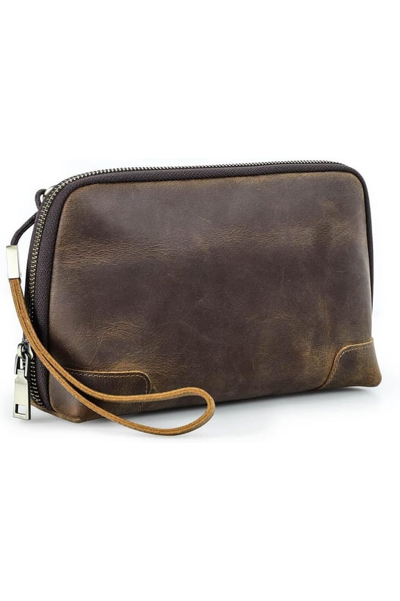 Mens Leather Clutch Bag, Genuine Leather Toiletry Bag for Men, Mens Vintage Cowhide Leather Handbag for Business, Travelling and Gym Fitness