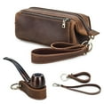 thumbnail image 1 of Hiram Small Zippered Pouch Bag with Wrist Strap, Leather Travel Storage Clutch Case for 2 Pipes and Tobacco Accessories, Dark Brown, 1 of 7