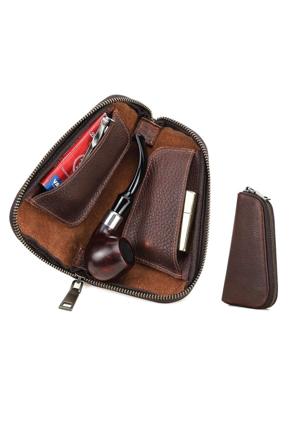 Small Zippered Pouch Bag with Wrist Strap, Leather Travel Storage Clutch Case for Pipe and Tobacco Accessories, Pipe Case,Valentine Gift