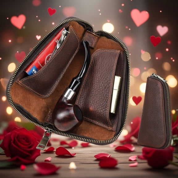 Hiram Small Zippered Pouch Bag with Wrist Strap, Leather Travel Storage Clutch Case for Pipe and Tobacco Accessories, Pipe Caseļ¼Valentine Gift