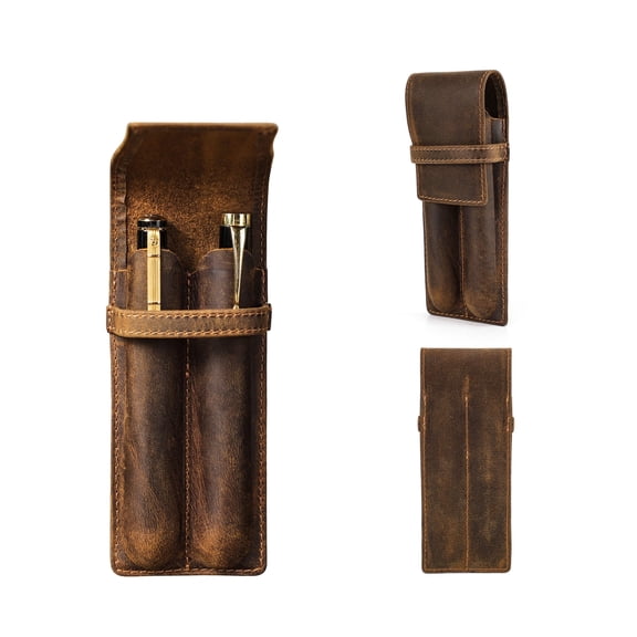 Hiram Vintage Leather 2-slots Pen Case, Portable Fountain Pen Holder Ideal for Business Trip, Elegant Handcrafted Design with Secure Buckle Closure, Coffee