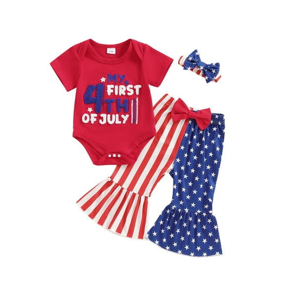 Hirigin 4th Of July Baby Girl Outfit Letter Embroidery Romper American Flag Flare Pants 3 6 12 18 Months Fourth Of July Clothes