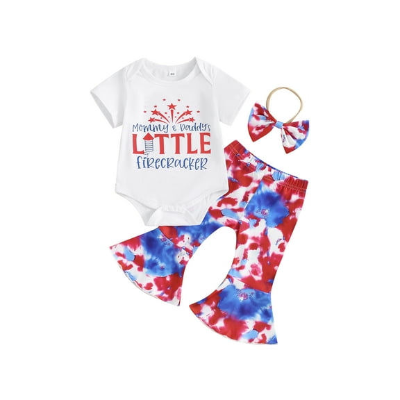 Hirigin 4th Of July Baby Girl Outfit Newborn Fourth Of July Short Sleeves Romper Tie-Dye Flare Pants Headband Set