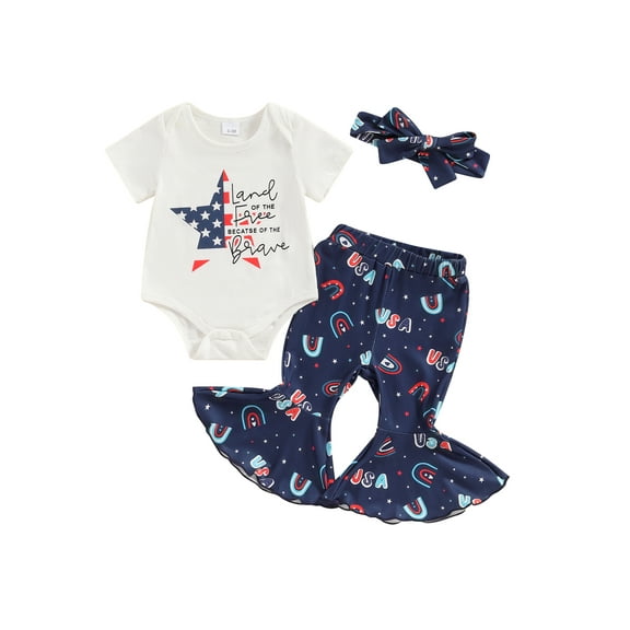 Hirigin 4th Of July Outfit Baby Girl Romper Flare Pants Set Infant Bodysuit Bell Bottoms Headband 3 6 9 12 18 Months Summer Clothes