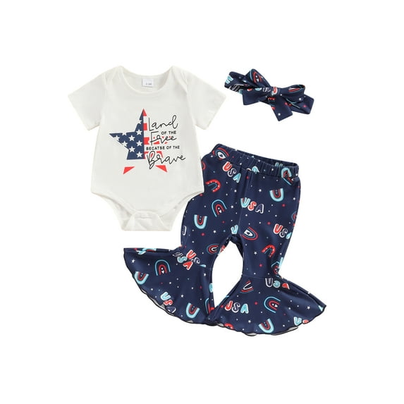 Hirigin 4th Of July Outfit Baby Girl Romper Flare Pants Set Infant Bodysuit Bell Bottoms Headband 3 6 9 12 18 Months Summer Clothes