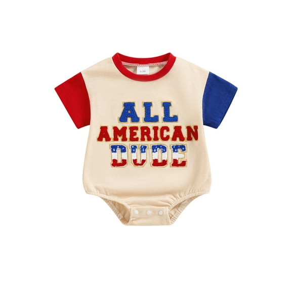 Hirigin 4th of July Baby Boy Girl Romper Outfit Short Sleeve Fuzzy Letter Embroidery Bodysuits 3 6 12 18 Months Independence Day Clothes
