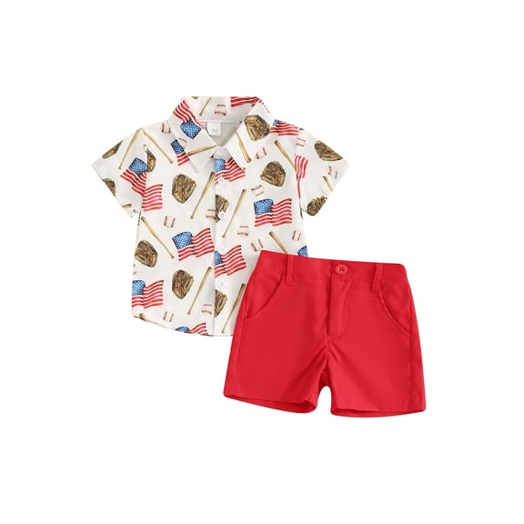 Hirigin 4th of July Baby Boy Outfits Toddler Flag Baseball Print Short Sleeve Button Down Shirt Top and Shorts Summer Clothes Set