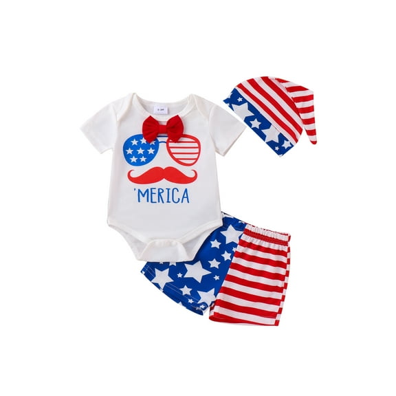 Hirigin 4th of July Baby Boys Outfits Glasses Print Bow Short Sleeve Rompers Stripe Stars Shorts Hat 3Pcs Clothes Set