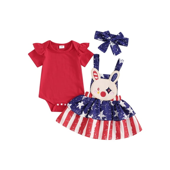 Hirigin 4th of July Baby Girl Outfits 0 3 6 12 18 24 Months Ruffle Sleeve Romper Star Stripe Suspender Skirt Overalls Dress