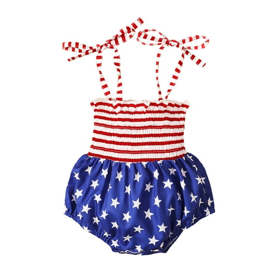 Hirigin 4th of July Baby Girl Outfits American Flag Sleeveless Strap Romper Bodysuit Independence Day Clothes