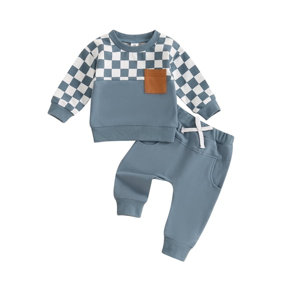 Hirigin Baby Boy 2Pcs Fall Winter Clothes 6 12 18 Months 2T 3T 4T Toddler Checkered Outfit Long Sleeve Pocket Sweatshirt Top Solid Jogger Pants Set