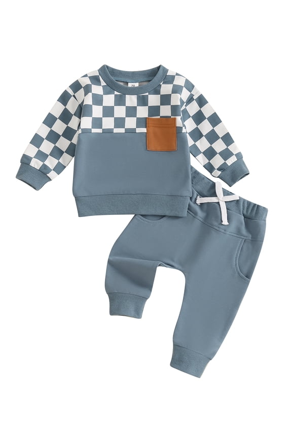 Baby Boy 2Pcs Fall Winter Clothes 6 12 18 Months 2T 3T 4T Toddler Checkered Outfit Long Sleeve Pocket Sweatshirt Top Solid Jogger Pants Set