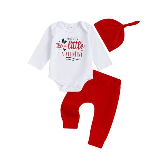 Hirigin Baby Boy My First Valentine's Day Outfits Long Sleeve Romper Bodysuit Top Pants Hat 3 Piece Clothes Set