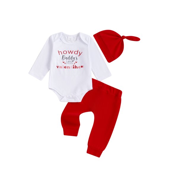 Hirigin Baby Boy My First Valentine's Day Outfits Long Sleeve Romper Bodysuit Top Pants Hat 3 Piece Clothes Set