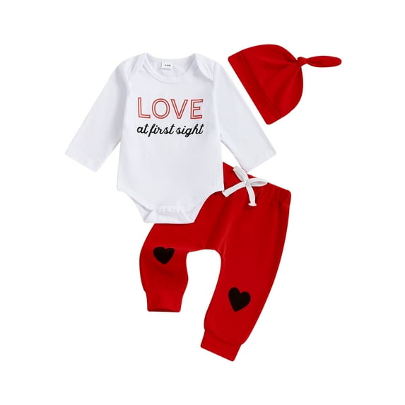 Hirigin Baby Boy My First Valentine's Day Outfits Long Sleeve Romper Bodysuit Top Pants Hat 3 Piece Clothes Set