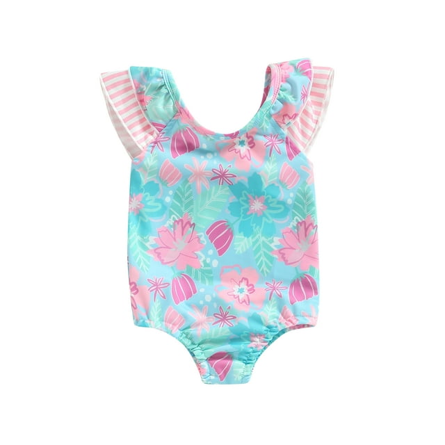 Hirigin Baby Girl Swimsuits Ruffle Trim Floral Print Flying Sleeves