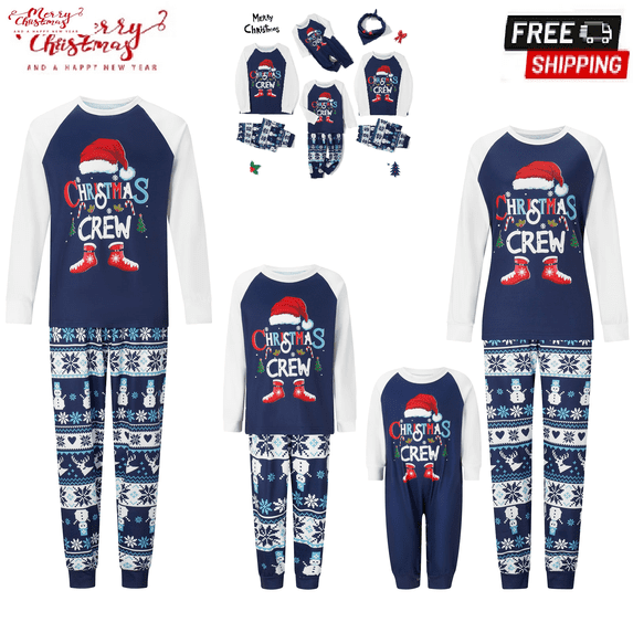 Hirigin Christmas Family Pajamas Matching Set Letter Santa Hat Print Long Sleeve Tops and Snowman Snowflake Print Pants Sleepwear