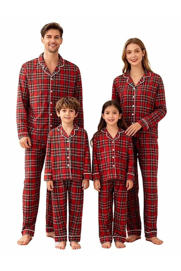 Family Matching Christmas Pajamas Sets Plaid Button Down Shirt Top and Pants Pjs Jammies for Family Couples Kids Baby Xmas Sleepwear Set