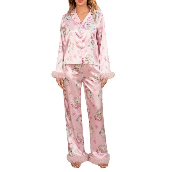 Hirigin Feather Christmas Pajamas Sets for Women 2 Piece Santa Claus Long Sleeve Button Top and Long Pants Y2K Lounge Sets