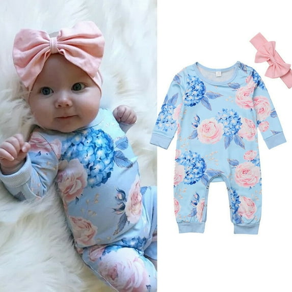 Hirigin Floral Romper Bodysuit Jumpsuit with Headband Baby Girl Outfit (6-12 Months) 2 pieces