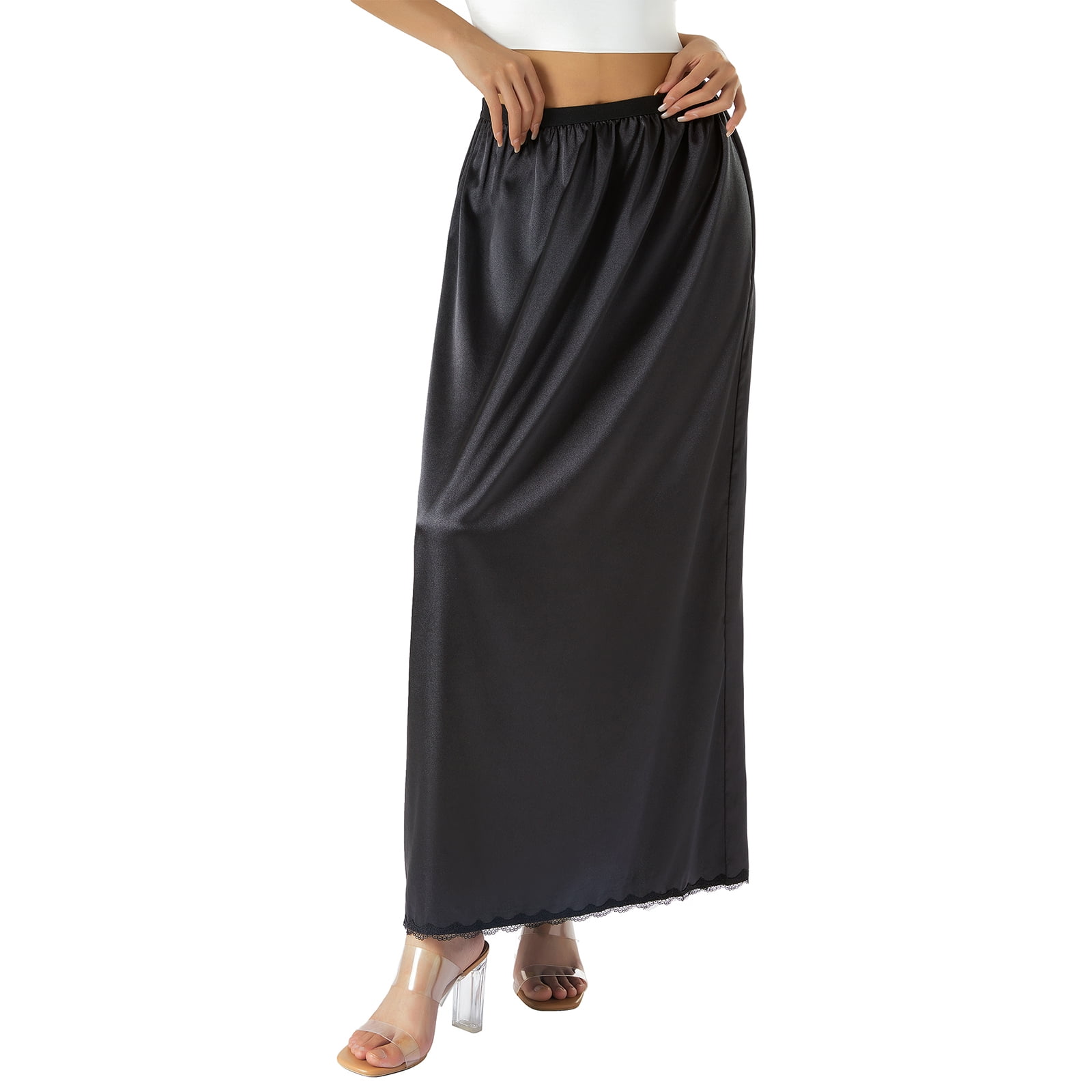 long black slip skirt for under dress Hirigin Half Slip for Women Under Dress Plus Size Long Satin Underskirt  Breathable Lace Trim Maxi Slip Skirt