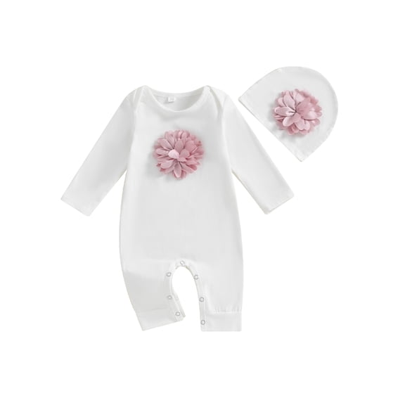 Hirigin Infant Baby Girl Jumpsuit Clothes Long Sleeve 3D Flower Solid Color Romper   Hat 0 3 6 12 18 Months Cute Outfit Sets