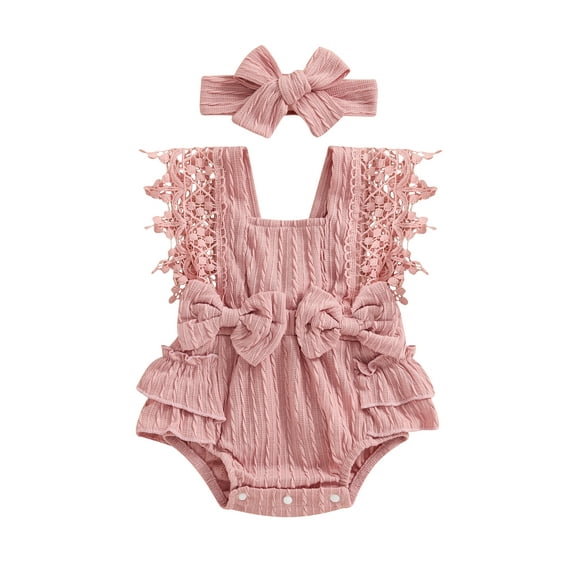 Hirigin Infant Baby Girl Summer Romper 3 6 12 18 Months Lace Sleeve Pleated Bow Jumpsuit Bodysuit with Headband