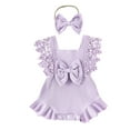 thumbnail image 1 of Hirigin Infant Baby Girl Summer Romper 3 6 12 18 Months Lace Sleeve Ruffle Bow Ribbed Romper Jumpsuit Bodysuit with Headband, 1 of 8