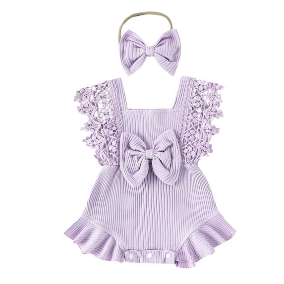 Hirigin Infant Baby Girl Summer Romper 3 6 12 18 Months Lace Sleeve Ruffle Bow Ribbed Romper Jumpsuit Bodysuit with Headband