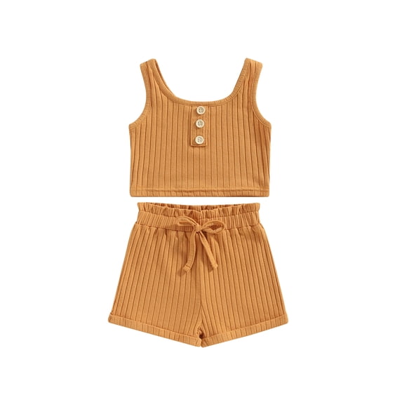 Hirigin Kids Girls Solid Shorts Clothes Set 6 12 18 Months 2T 3T 4T Summer Outfits Sleeveless Button Cami Ribbed Crop Tank Tops and Shorts Set