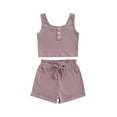 thumbnail image 1 of Hirigin Kids Girls Solid Shorts Clothes Set 6 12 18 Months 2T 3T 4T Summer Outfits Sleeveless Button Cami Ribbed Crop Tank Tops and Shorts Set, 1 of 8