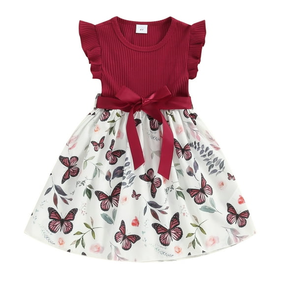 Hirigin Little Girl Summer Dress 4T 5T 6T 7T Fly Sleeve Ribbed Butterfly Print A-line Dresses with Belt Casual Swing Sundress