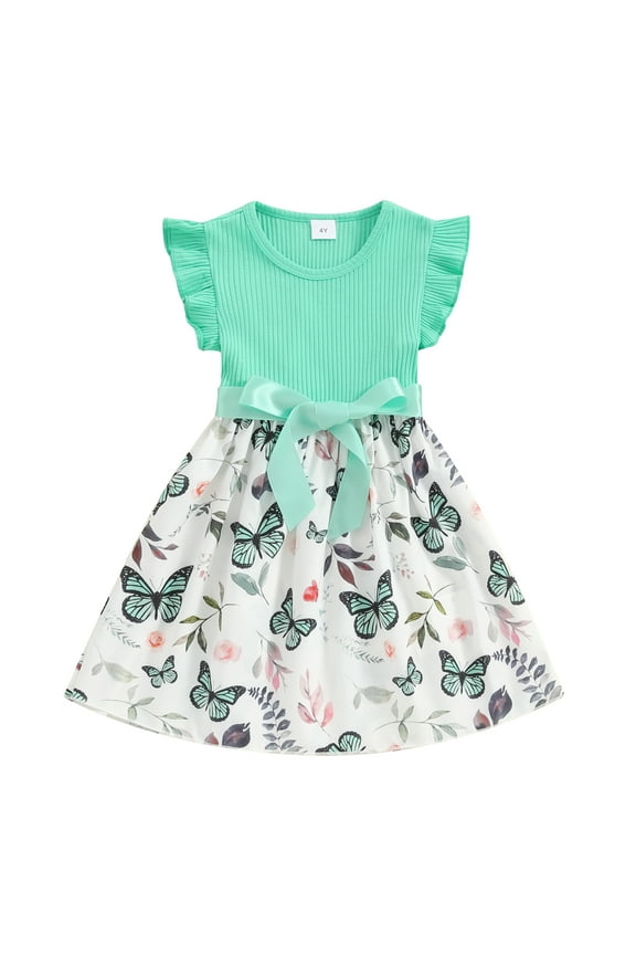 Little Girl Summer Dress 4T 5T 6T 7T Fly Sleeve Ribbed Butterfly Print A-line Dresses with Belt Casual Swing Sundress