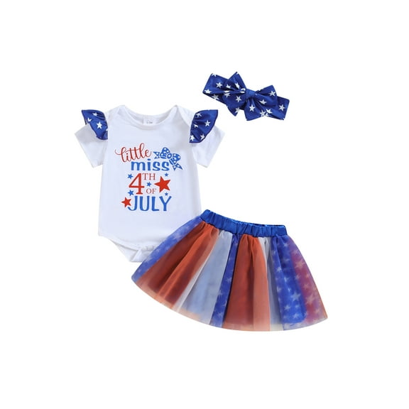 Hirigin Little Miss 4th of July Baby Girl Summer Outfit Short Sleeve Romper Tulle Tutu Skirt Set Newborn Independence Day Clothes