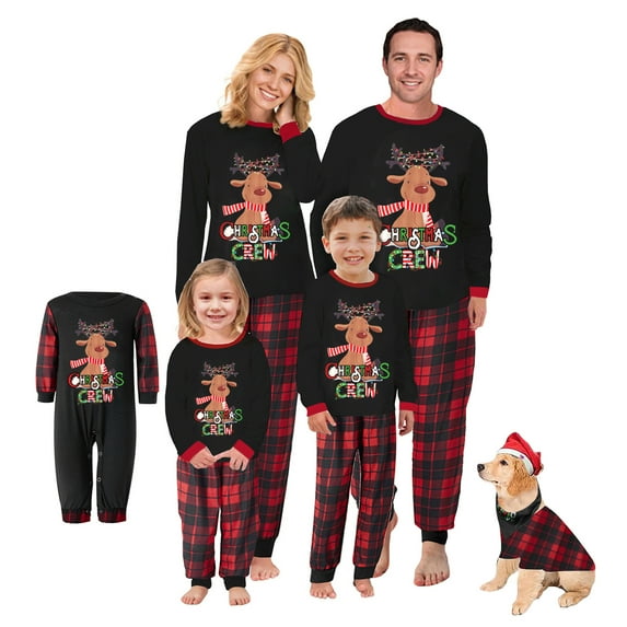 Hirigin Matching Christmas Pajamas For Family Elk Print Long Sleeve Shirt and Plaid Pants Set Loungewear Soft Sleepwear