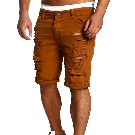Hirigin Mens Jeans Slim Fit Straight Skinny Shorts Fit Denim Trousers Button Hollow Out Shorts Brown Size 2XL